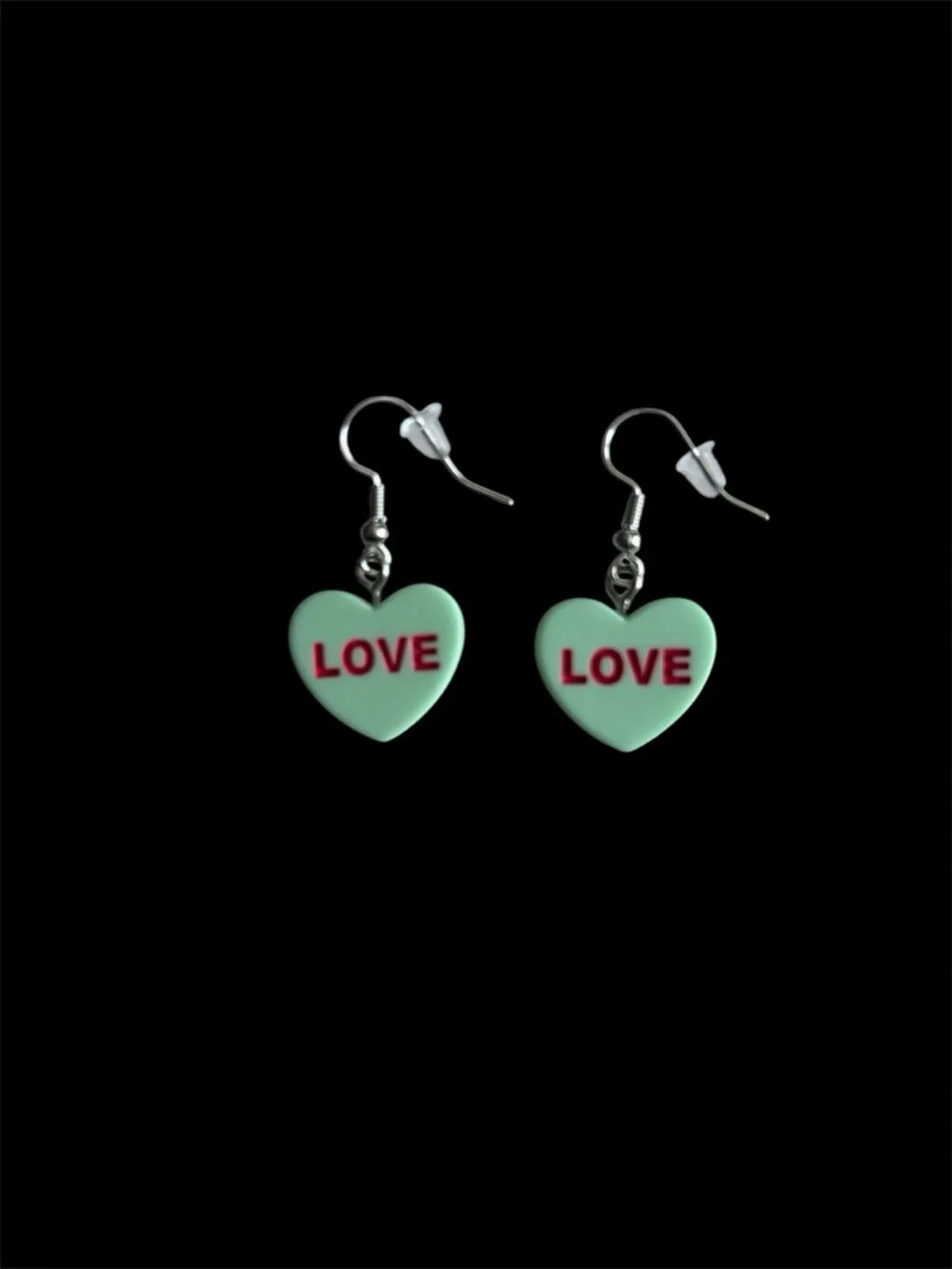 Conversation Hearts LOVE Drop Earrings in Mint Green with Pink Lettering
